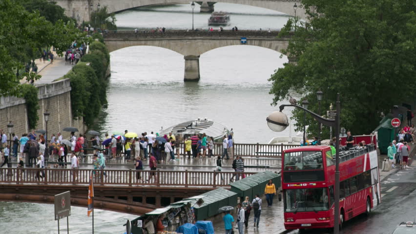 looking down onto a paris street scene close to notre dame cathedral
