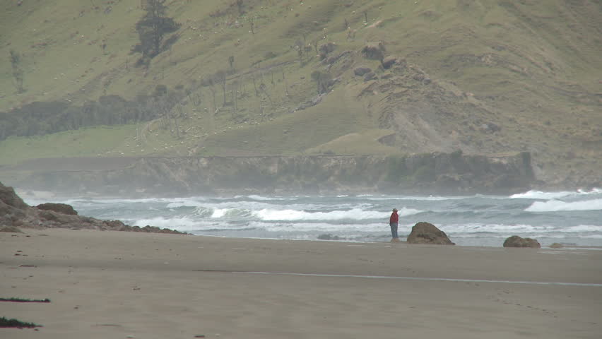 A person in the distance on a deserted and wild beach.