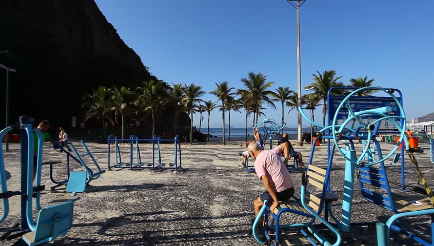 Rio de Janeiro, BRAZIL - 20 October 2013: Local to exercise on Copacabana Beach.