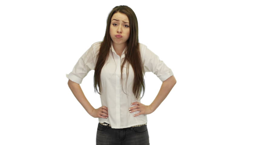 Upset young woman showing a different side of her hands. On white background