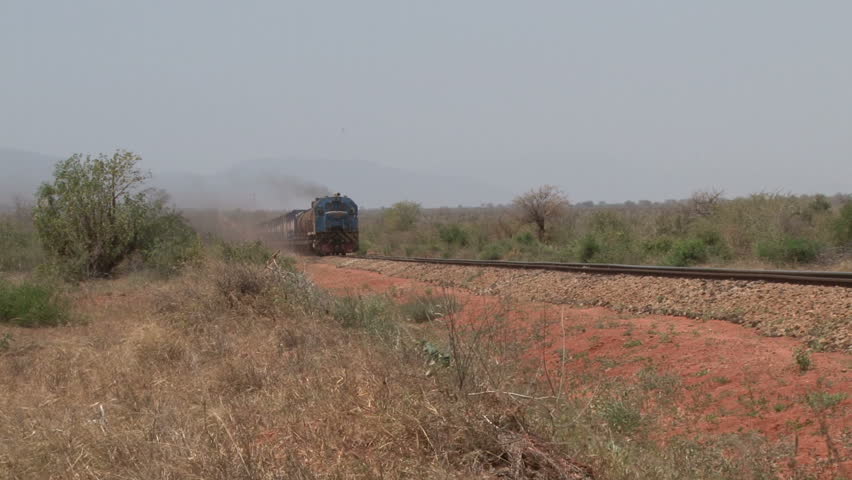 old train passing through savannah with smoke.
