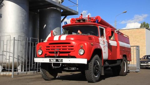 UKRAINE, KIEV, AUGUST 24, 2011: Red fire engine in fire department, Kiev, August 24, 2011