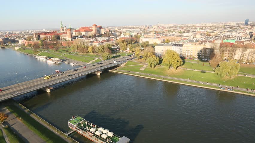  Aerial view of the Vistula River in Krakow, Poland. 