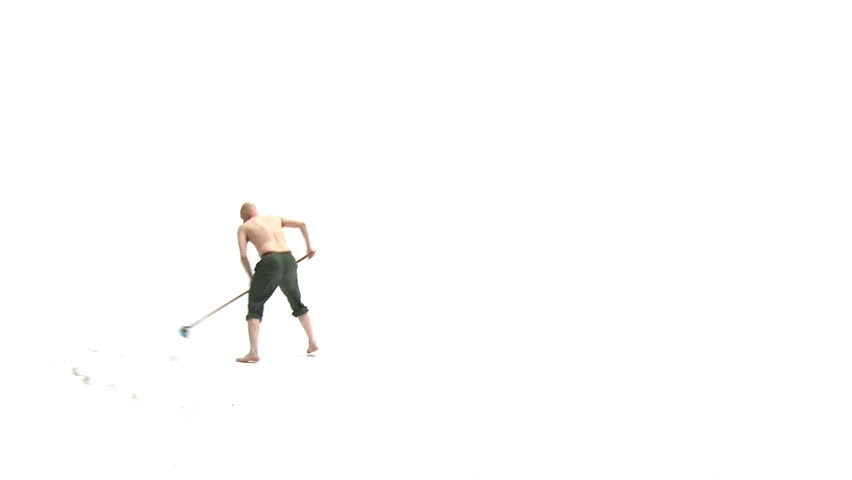 Bald man wearing long pants and no shirt dances as he sweeps up in a totally