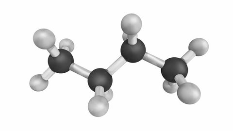 Butane, molecular model. Atoms are represented as spheres in a ball and stick model