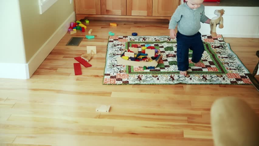 An adorable baby boy playing with his toys in the living on the floor. A jib