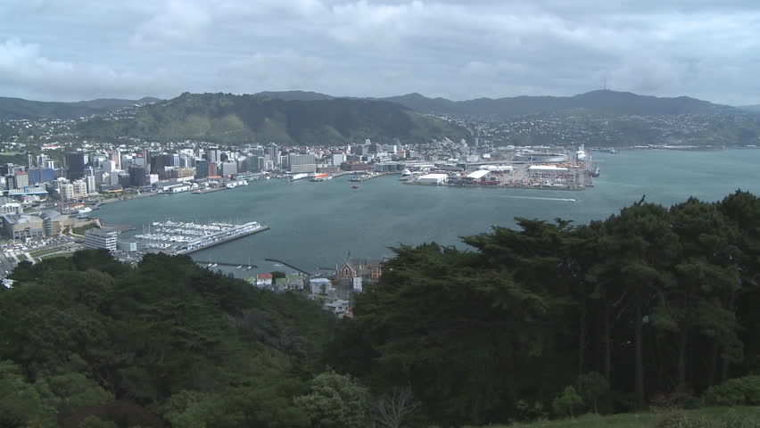 A slow pan of the harbor and city of Wellington, New Zealand