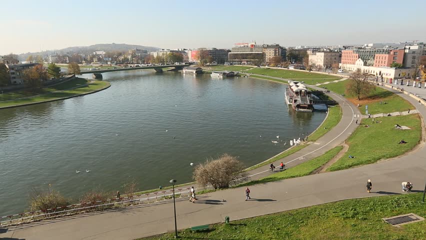 View of the embankment of Vistula River in the historic center of Krakow.