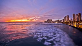 Beautiful beach time lapse clip of waves and Waikiki during sunset.