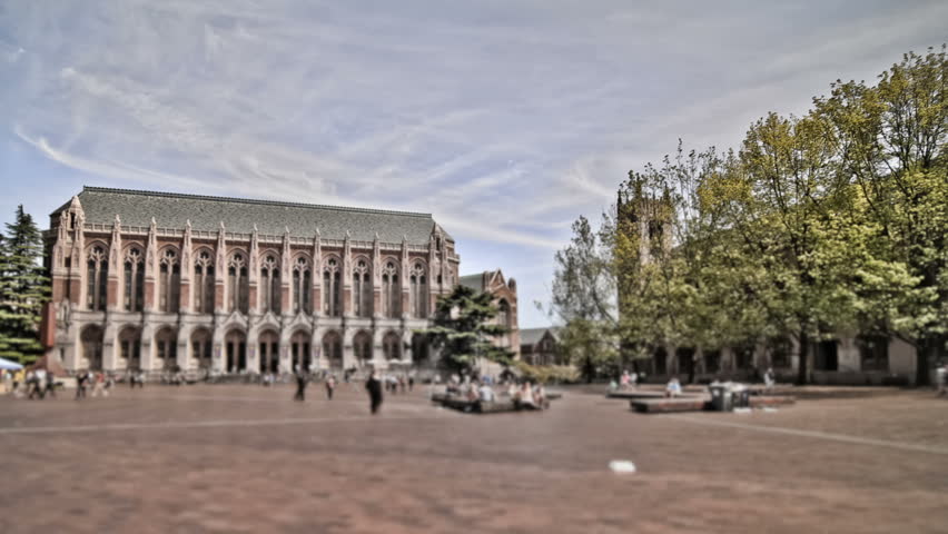 Time lapse clip of campus pedestrian traffic with a photo effect.