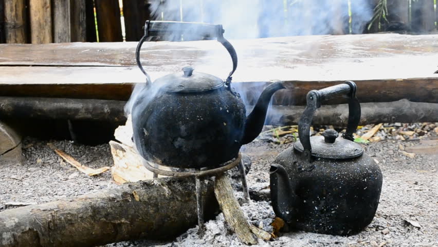 old kettle on bonfire of countryside thailand