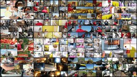 Industrial video wall montage. Industrial work. People at work.
Teamwork. Media wall montage. Working people. Business people. 