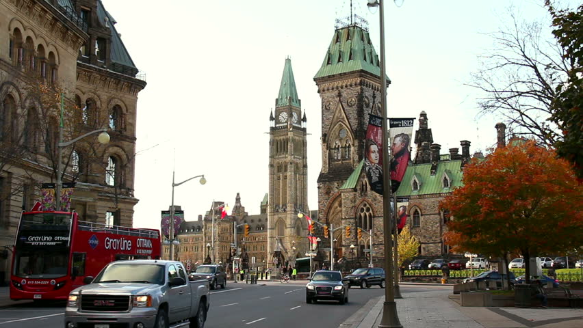 OTTAWA, CANADA - OCT 23 2013: Parliament Hill as seen from Elgin Street on an