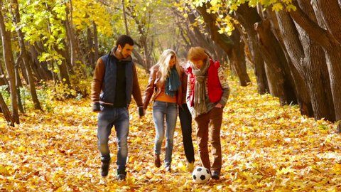 Стоковое видео: Happy friends spending their free time together in the autumn forest, guys tossing the ball