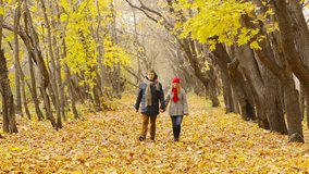 Peaceful couple enjoying their walk through the autumn forest
