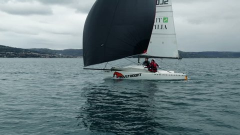 PORTOROSE - APR 07: Sailboat warming up for competition. Sailing competition in Slovenia, Portorose in 2013.