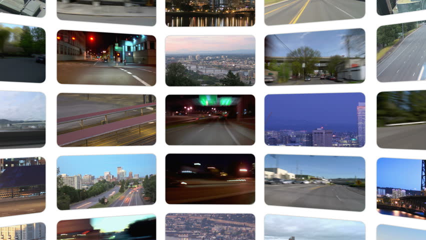 Video wall of HD transportation videos. Zooming and panning out to reveal full video wall.