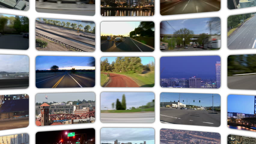 Video wall of HD transportation videos. Zooming and panning out to reveal full video wall.
