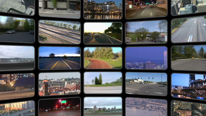 Video wall of HD transportation videos. Zooming and panning out to reveal full video wall.