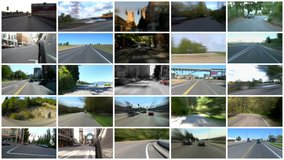 Video montage of driving time lapse videos of city, freeway, and country driving. No duplicate videos. Loop-able clip.