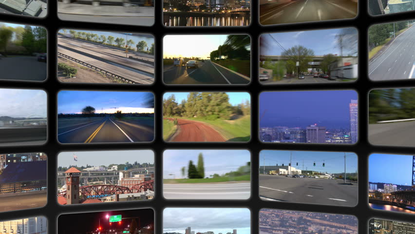 Video wall of HD transportation videos. Zooming and panning out to reveal full video wall.