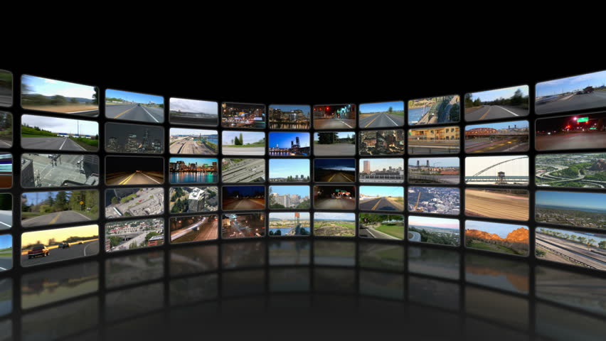 Flying around circular video wall then through video wall to green screen for adding your own videos.