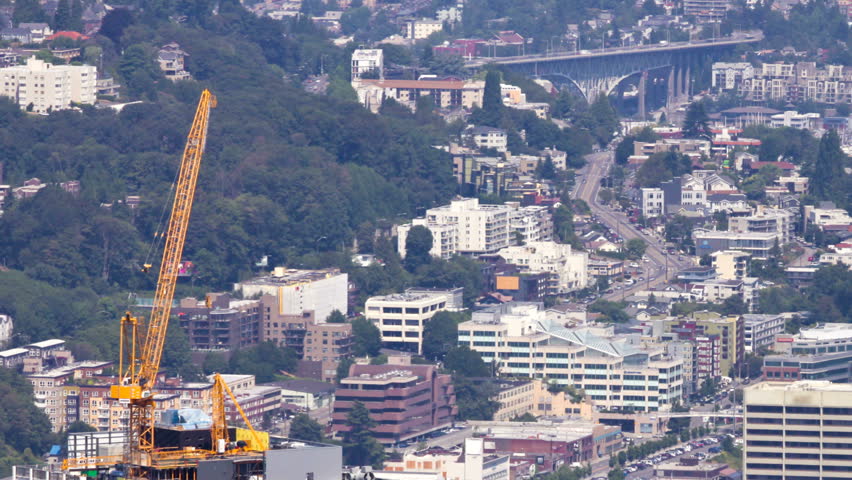 Zooming time lapse of construction in South Lake Union area in Seattle.