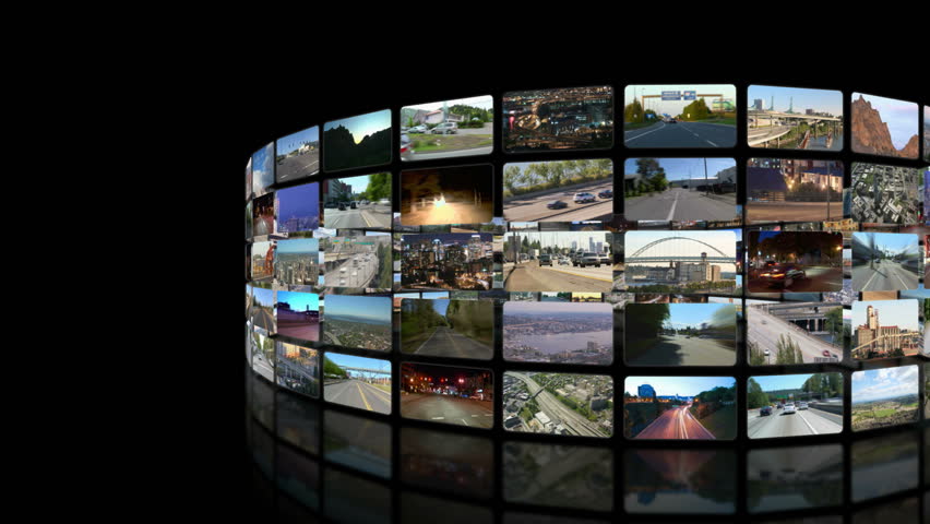 Flying around circular video wall then through video wall to green screen for adding your own videos.