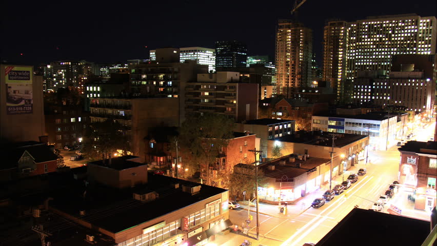 OTTAWA, CANADA - OCT 23 2013: Downtown Ottawa, looking down Elgin Street. Shot in time lapse, at night, in Ottawa, Ontario, Canada, October 23, 2013. 