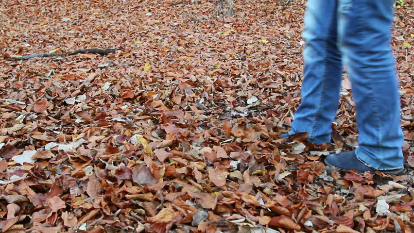 Girl playing with fallen leaves in the forest / Steady Footage shot with dolly