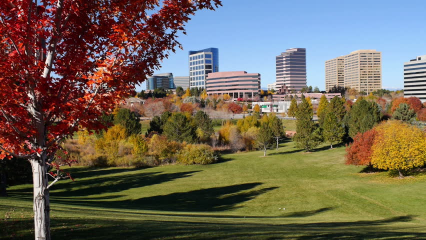 The Denver Tech Center, or DTC, in Autumn with beautiful trees. HD 1080p pan.
