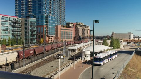 Motion dolly timelapse of RTD mass transit station in downtown Denver, Colorado. HD 1080p motion time lapse.