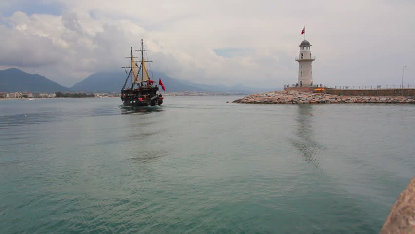 ship with tourists go out of bay - Alanya Turkey
