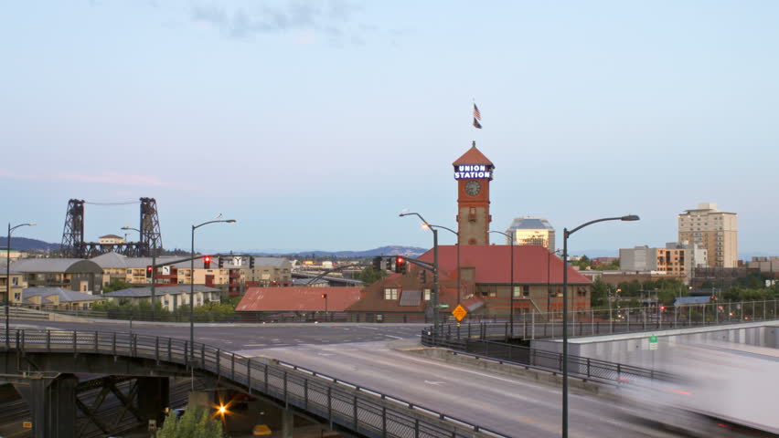 Time lapse of Broadway and Steel bridges in Portland with Union Train Station in shot.