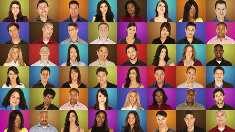 Grid of portraits - diverse people on colorful backgrounds - sliding rows from left to right
