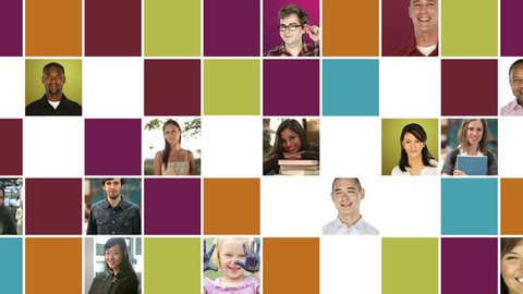 Grid of portraits - diverse people in various settings and colorful square pattern on white