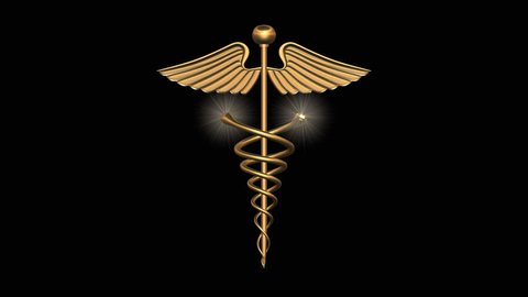 3d Logo of Animated caduceus in gold with snakes coiling up and opening wings