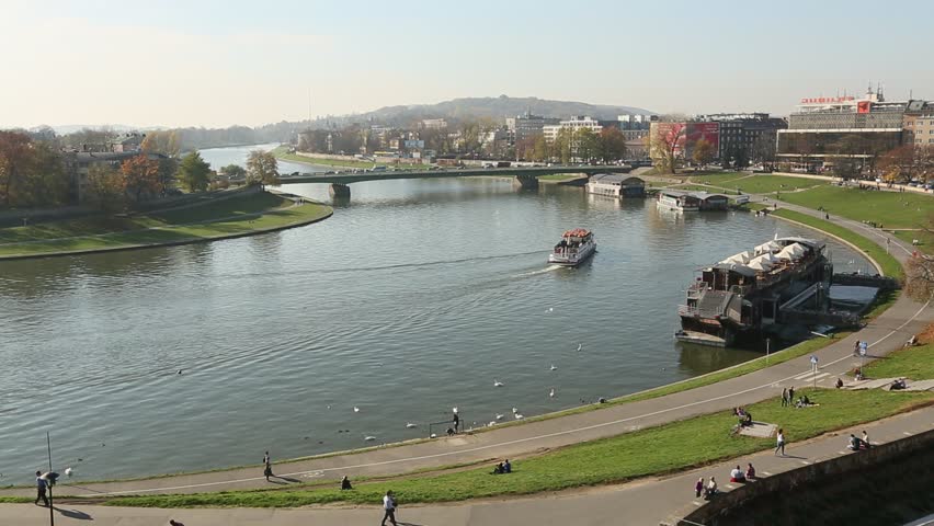 View of the Vistula River in the historic center of Krakow, Poland.  (HD)