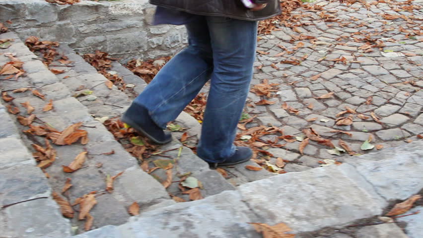 Walking on a paved alley covered by dead fallen leaves