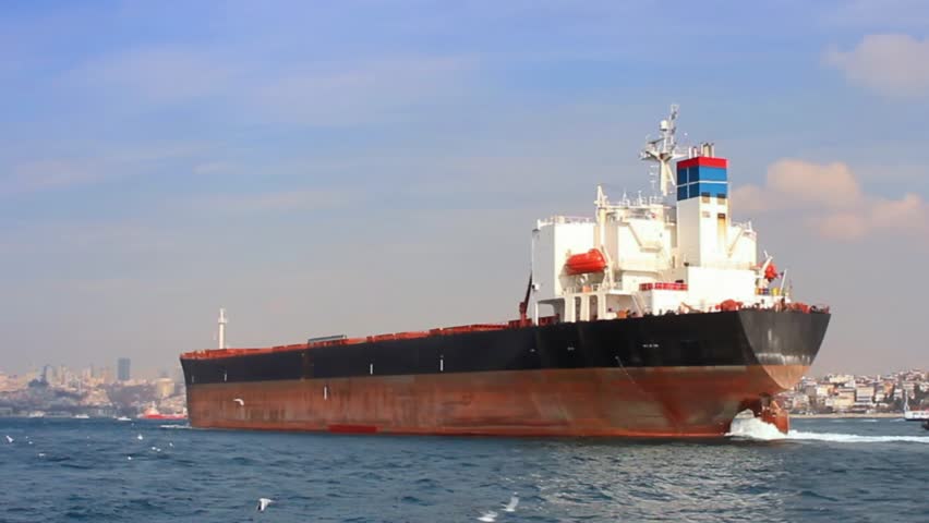 Tanker ship on route to Black Sea. Side view of the large cargo ship. High