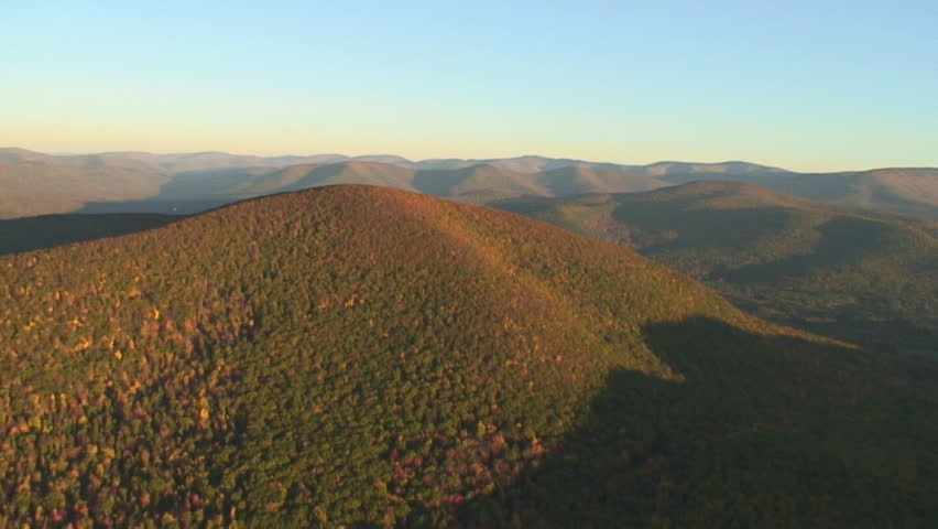 Early morning Catskill mountain ridge, New York state. Aerials around the Catskills and upstate NY Hudson Valley.