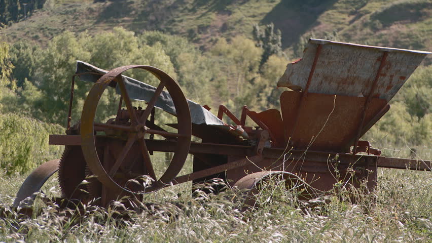 Old agricultural implements lie abandoned in an overgrown field