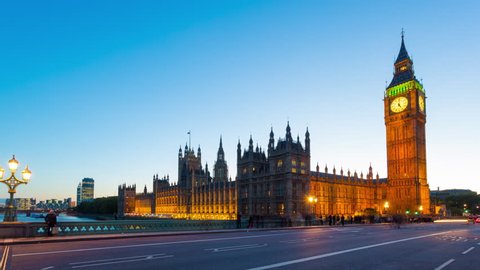 Time lapse footage of rush hour traffic on Westminster Bridge in London with Houses of Parliament and Big Ben in the background, London, England, United Kingdom