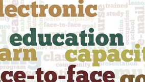 Animation of tag cloud containing words related to distance learning, distance education and e-learning, on white background