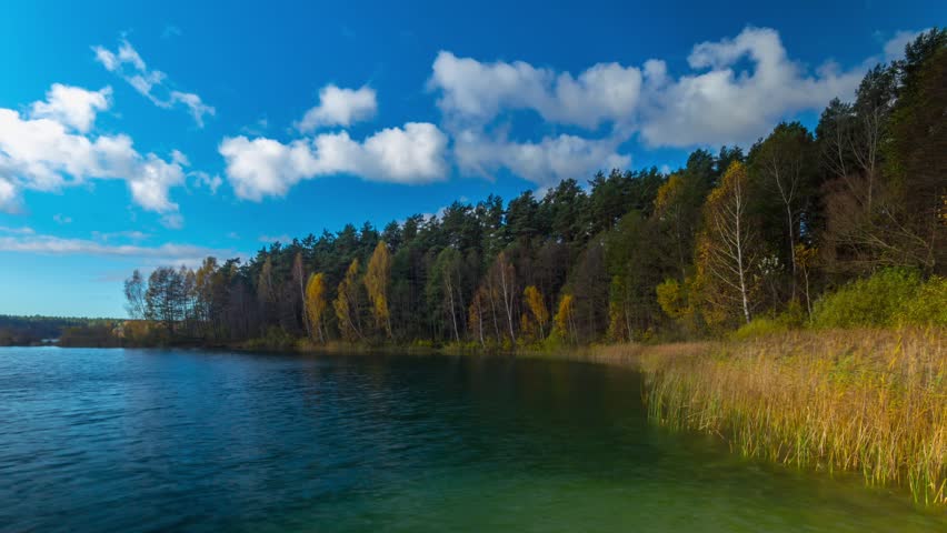 Autumn forest and lake, timelapse panorama
