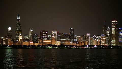 chicago skyline at night pan left