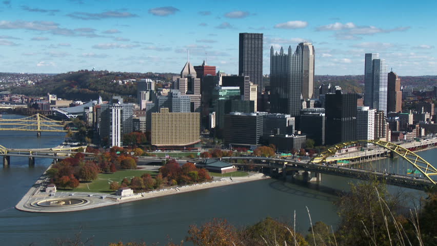 An establishing shot of Pittsburgh in the Autumn.