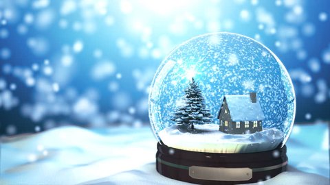 Merry Christmas gift snow globe Snowflake tree and house light from inside. close-up zoom out to snow floor and snowflake blue background. 3d rendering วิดีโอสต็อก