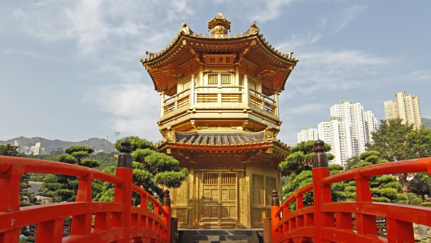 Time Lapse of arch bridge and pavilion in Nan Lian Garden, Hong Kong. - zoom out