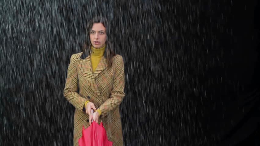 Worried Woman in the rain holding umbrella Bad weather concept